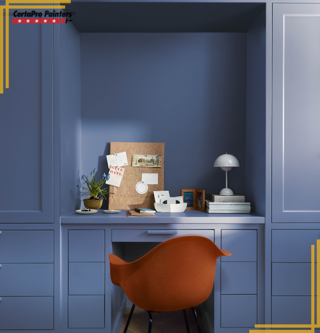 blue color drenched desk built-in