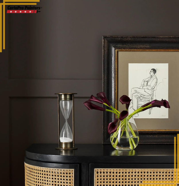 dark chocolate brown painted wall behind cabinet