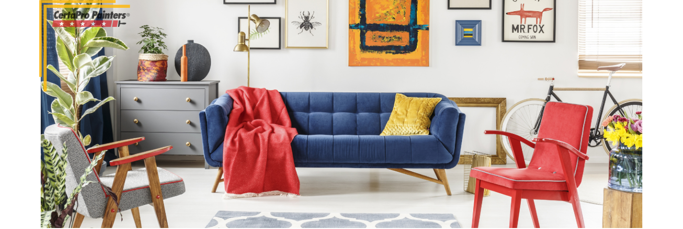 living room with blue couch